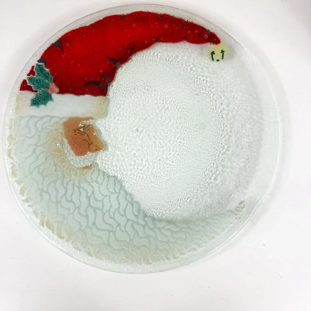 Peggy Karr Santa Crescent Moon Face Fused Art Glass Plate 11.25